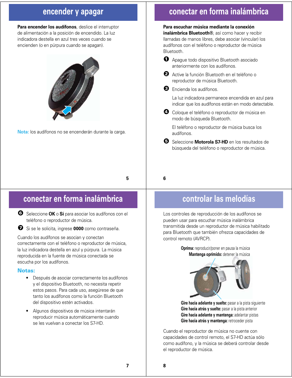 Encender y apagar, Conectar en forma inalámbrica, Controlar las melodías | Motorola MOTOROKR S7-HD User Manual | Page 8 / 13