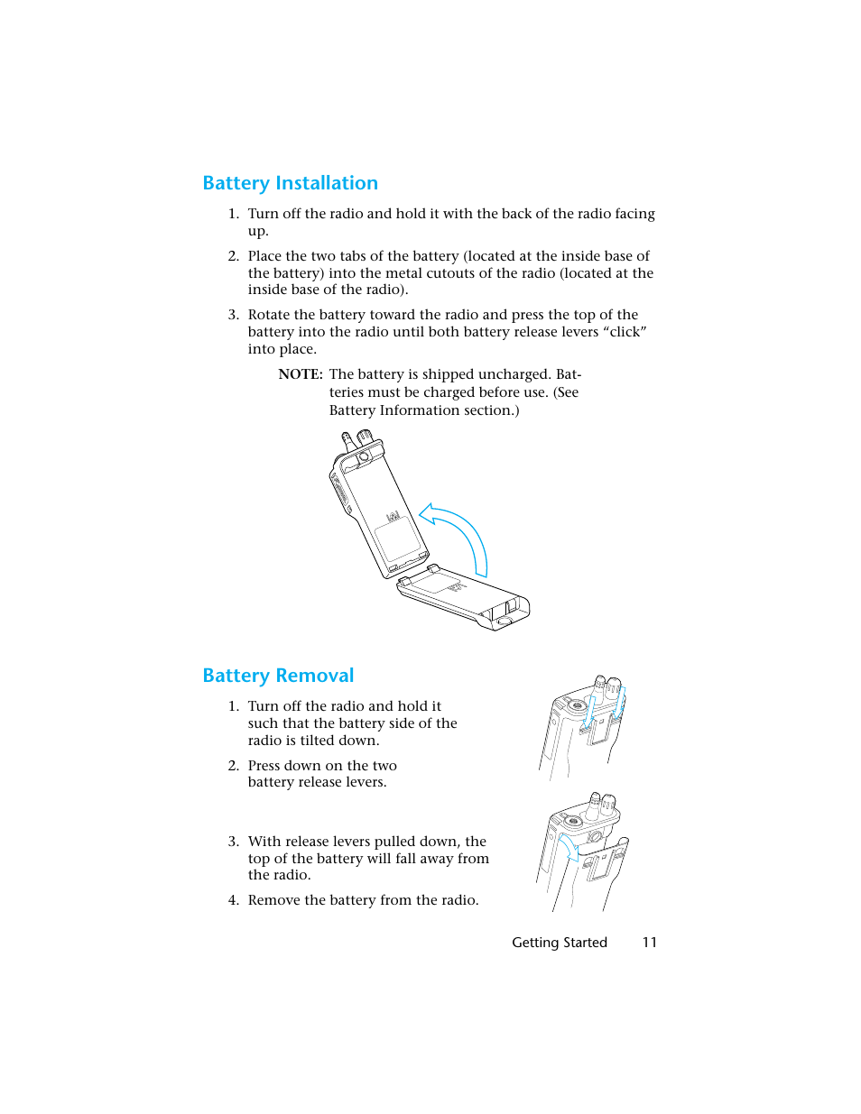 Battery installation, Battery removal | Motorola H01UCC6DU3AN User Manual | Page 12 / 49