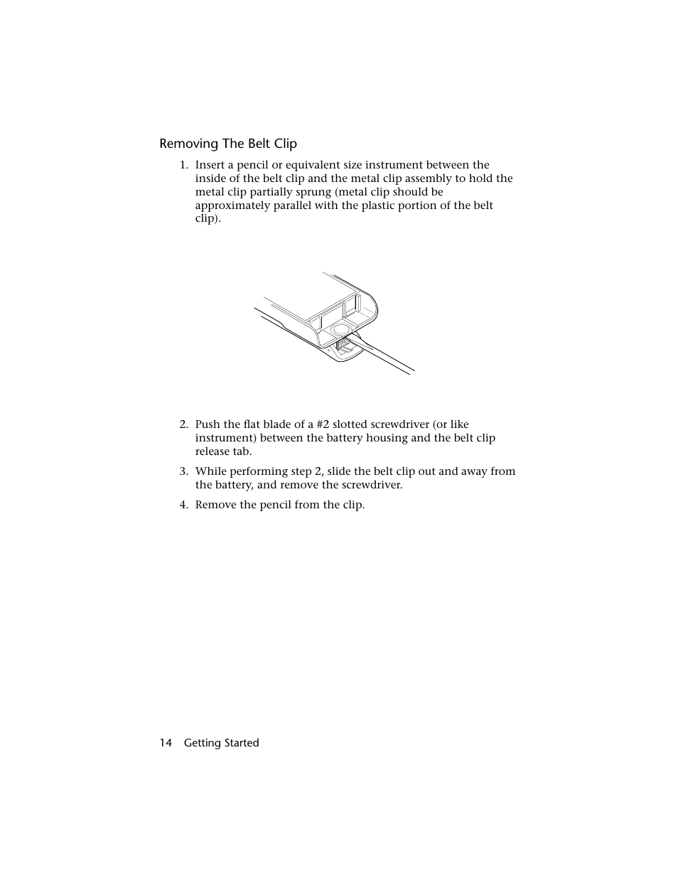 Removing the belt clip, 14 getting started | Motorola H01UCC6DU3AN User Manual | Page 15 / 49