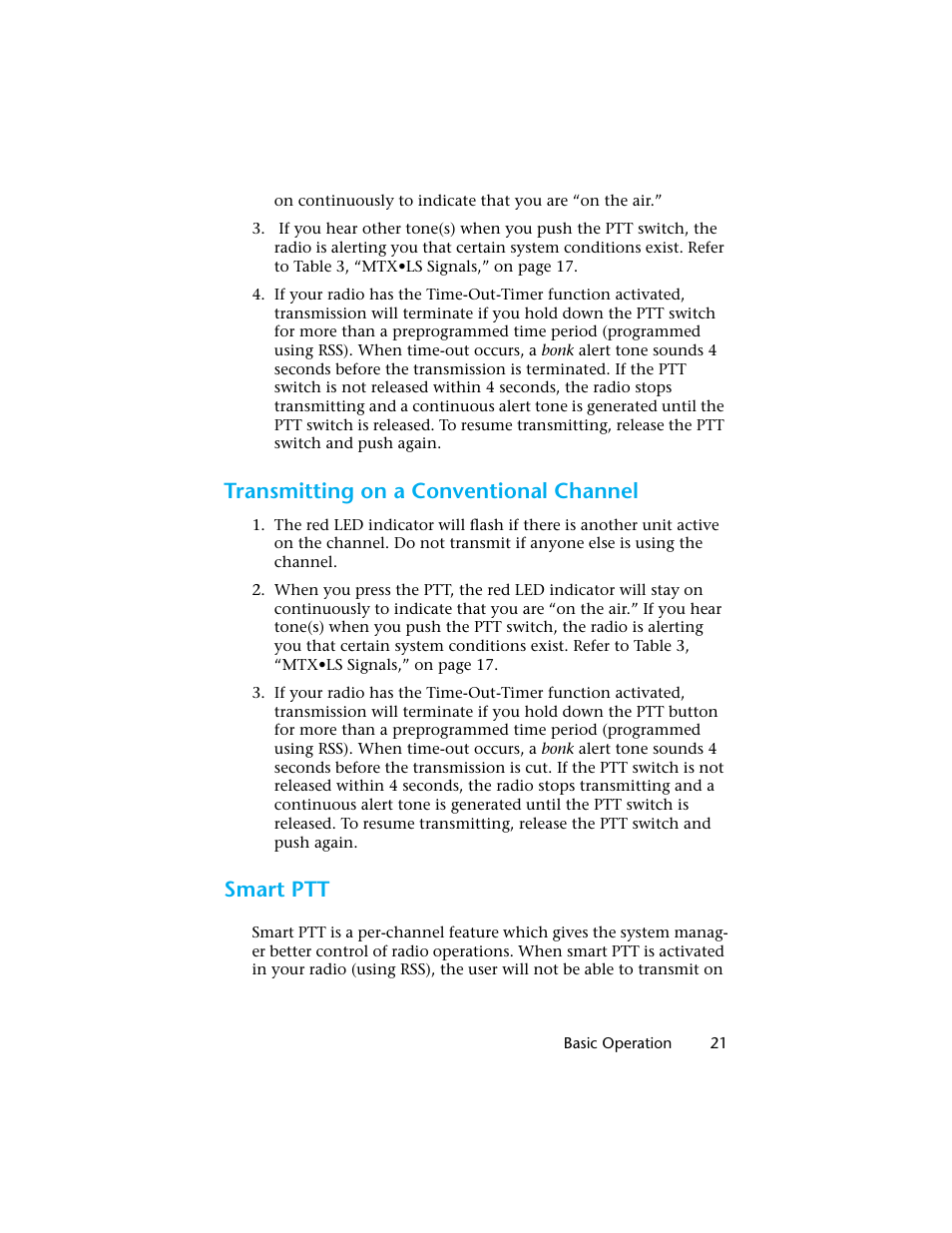 Transmitting on a conventional channel, Smart ptt | Motorola H01UCC6DU3AN User Manual | Page 22 / 49