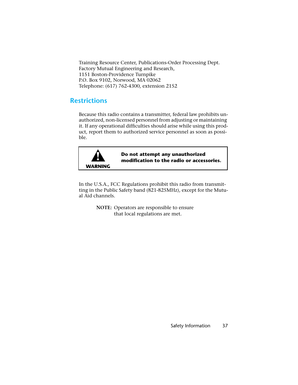 Restrictions | Motorola H01UCC6DU3AN User Manual | Page 38 / 49