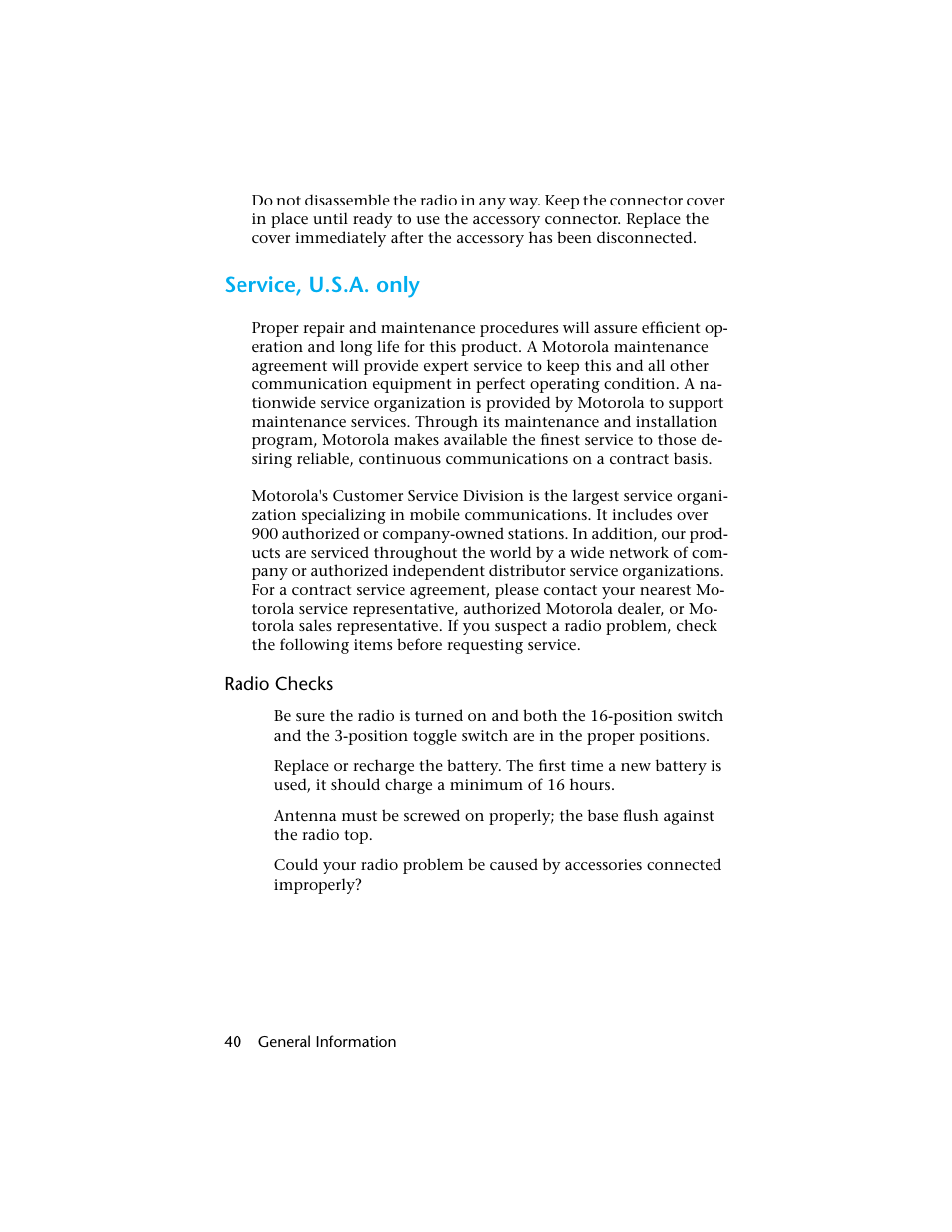 Service, u.s.a. only | Motorola H01UCC6DU3AN User Manual | Page 41 / 49