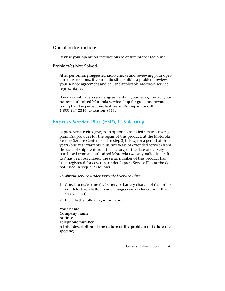 Express service plus (esp), u.s.a. only | Motorola H01UCC6DU3AN User Manual | Page 42 / 49