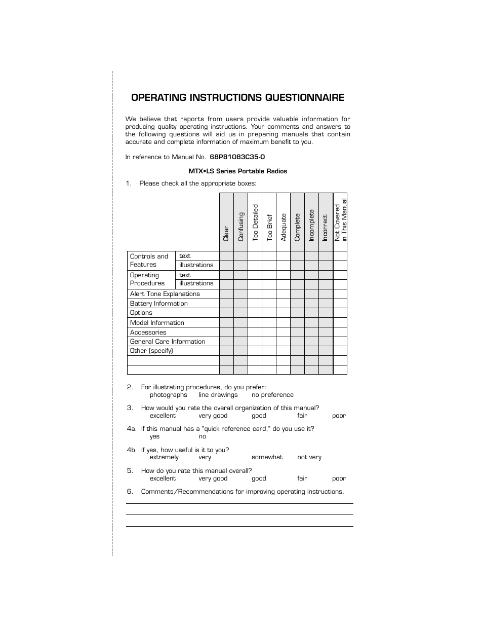 Operating instructions questionnaire | Motorola H01UCC6DU3AN User Manual | Page 46 / 49