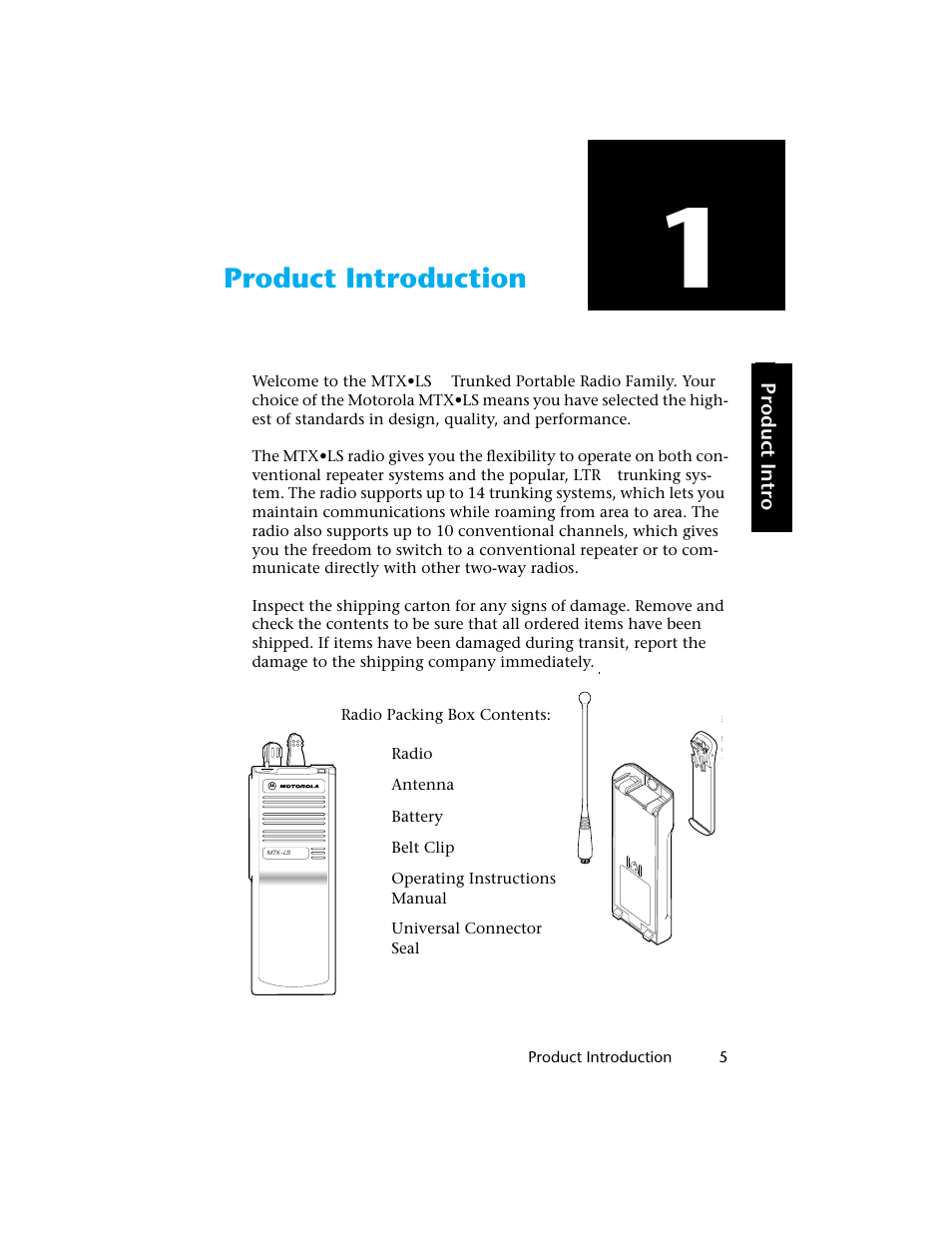 Product introduction, Product intro, Product introduction 5 | Radio packing box contents, Radio, Antenna, Battery, Belt clip, Operating instructions manual, Universal connector seal | Motorola H01UCC6DU3AN User Manual | Page 6 / 49