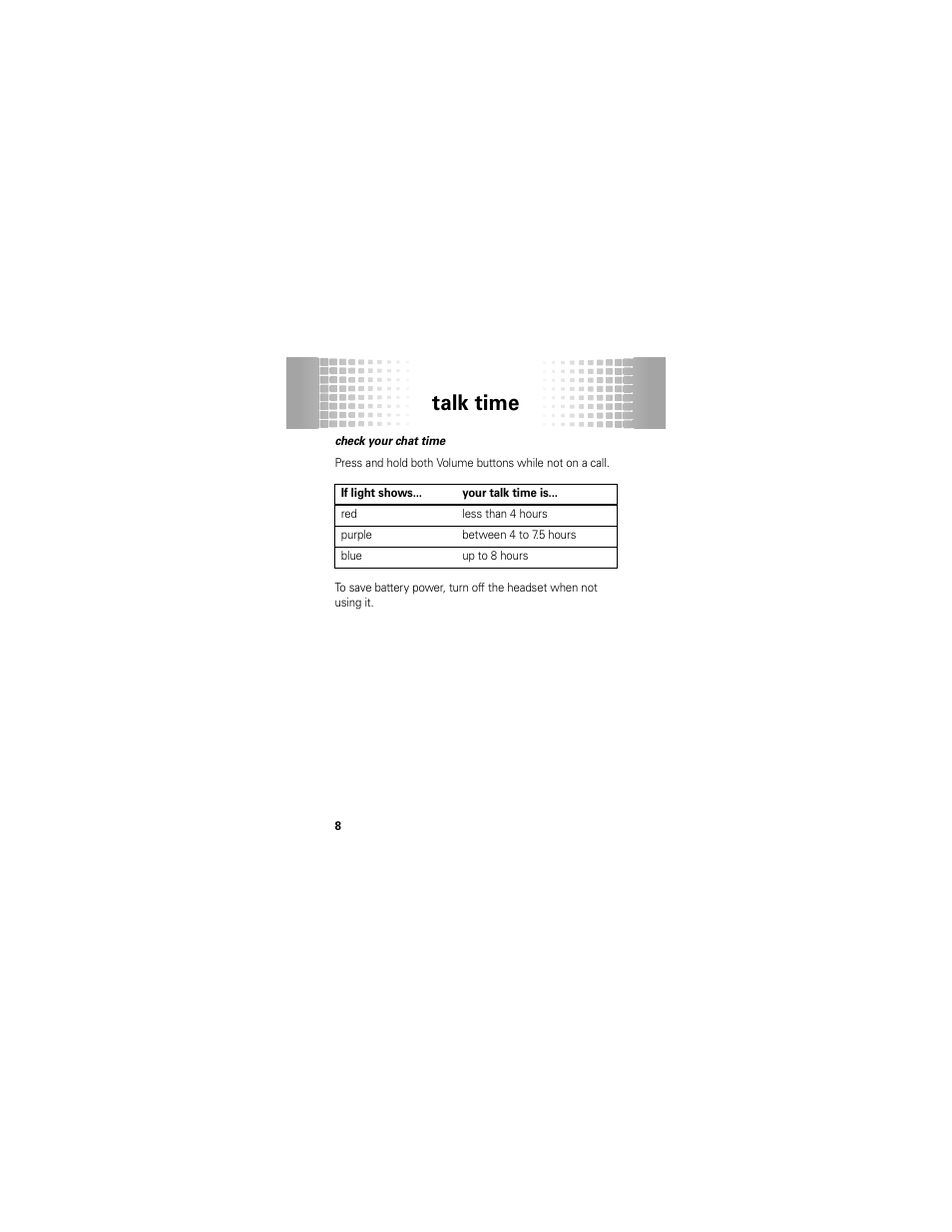 Talk time | Motorola H720 User Manual | Page 10 / 100