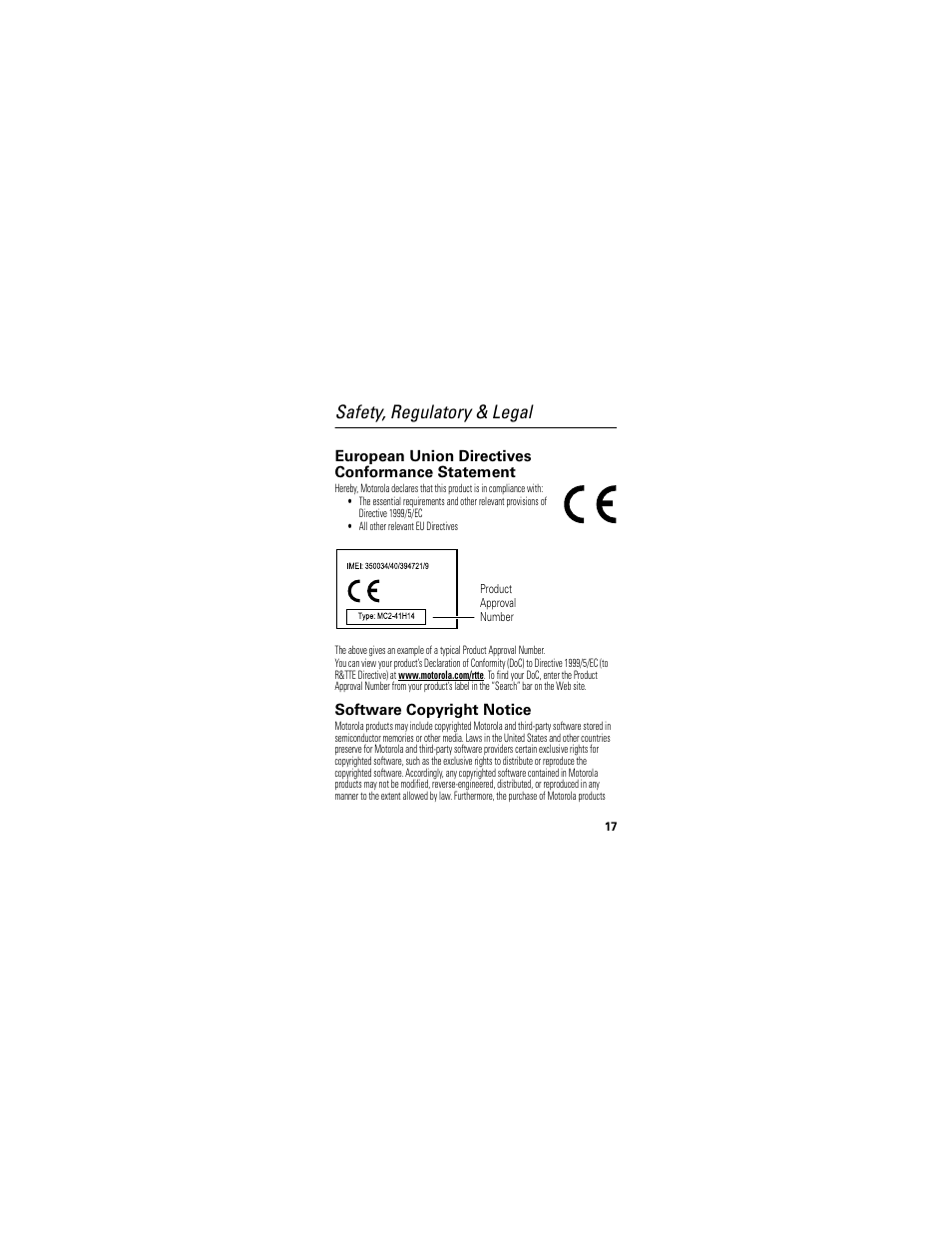 Safety, regulatory & legal, Safety information, Eu conformance | Software copyright notice, European union directives conformance statement | Motorola H720 User Manual | Page 19 / 100