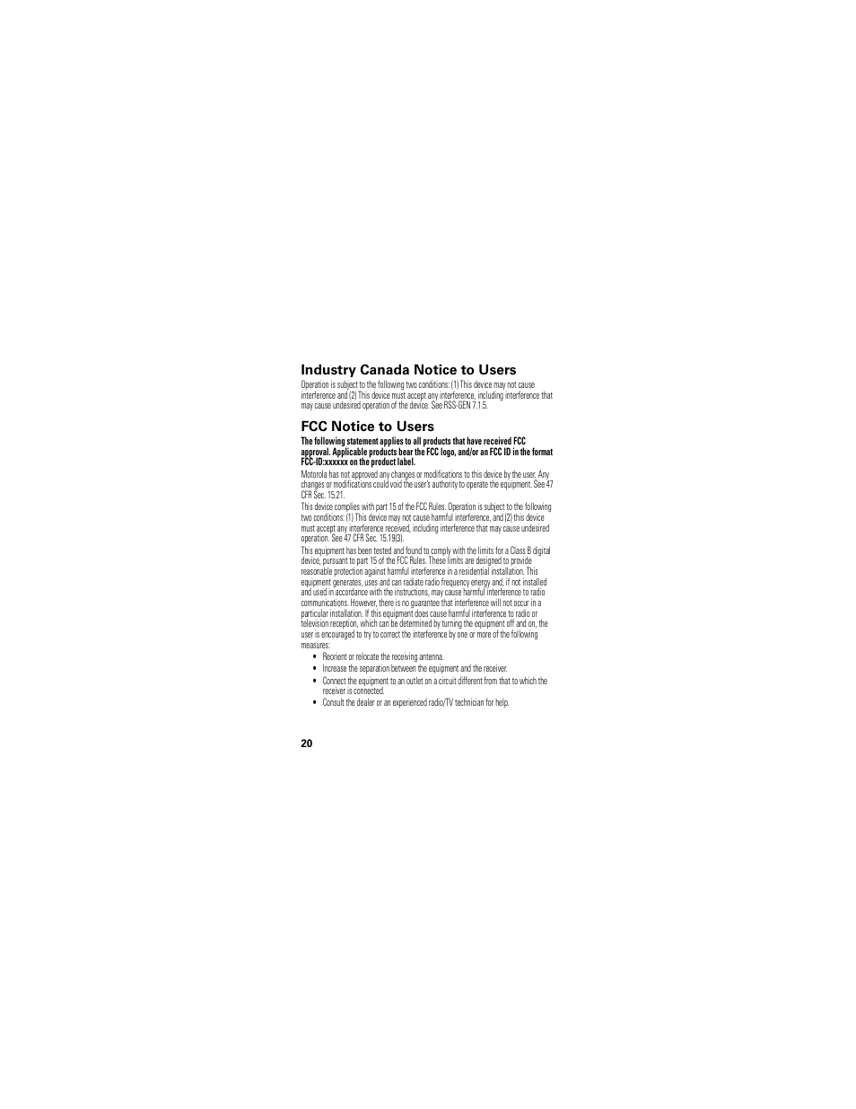 Industry canada notice, Fcc notice, Industry canada notice to users | Fcc notice to users | Motorola H720 User Manual | Page 22 / 100