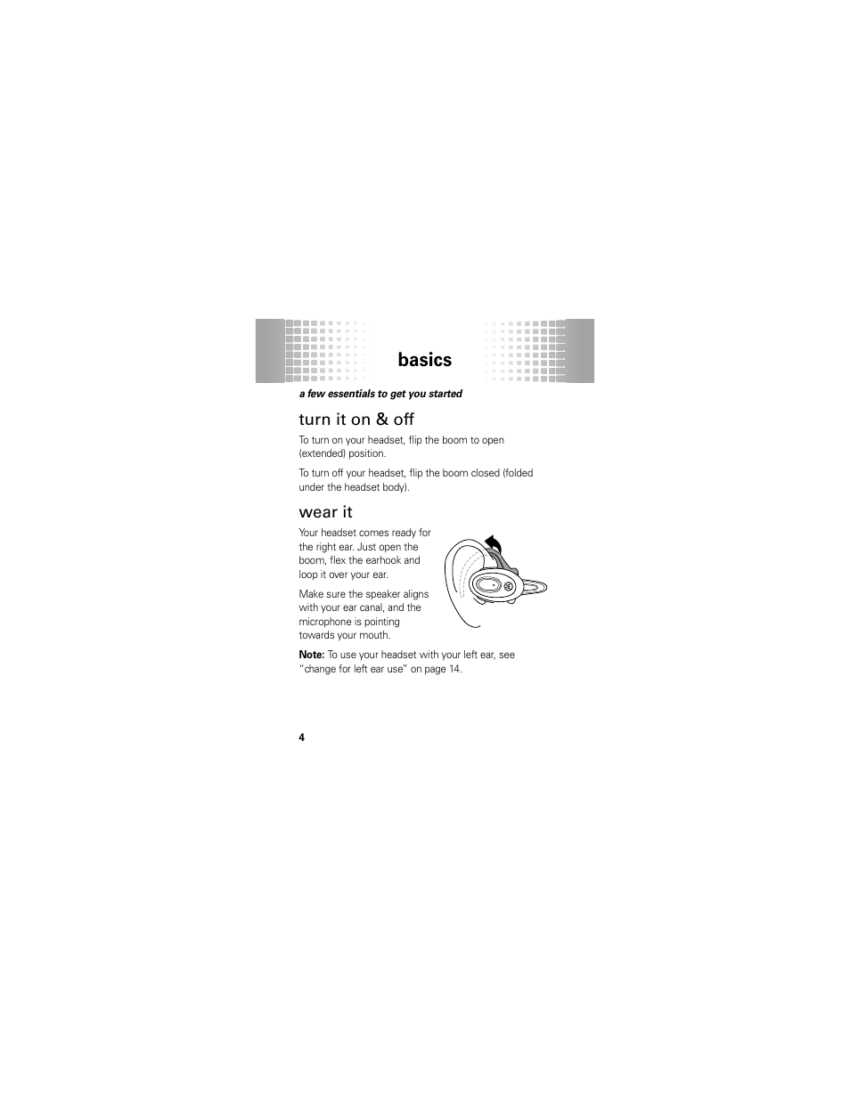 Basics, Turn it on & off, Wear it | Motorola H720 User Manual | Page 6 / 100