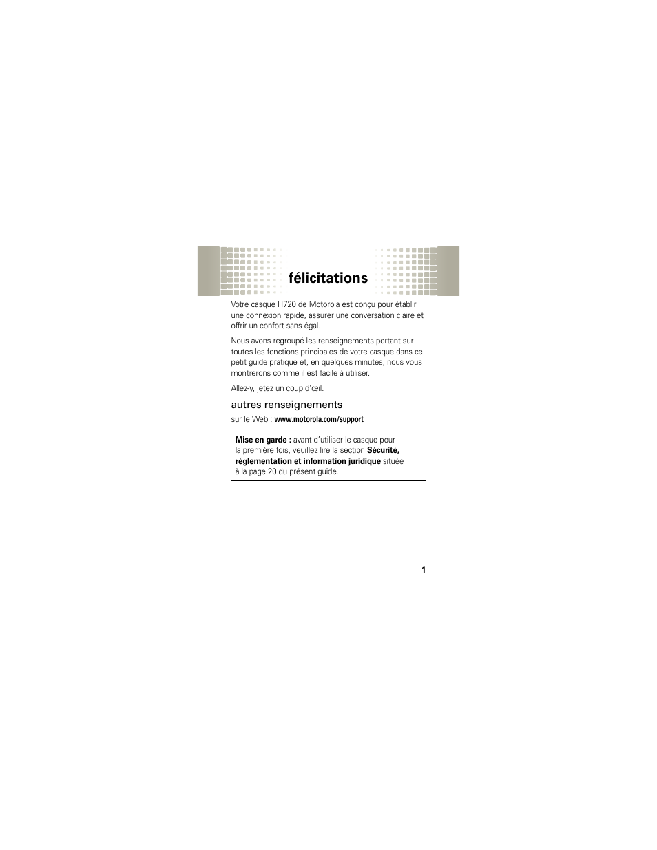Félicitations | Motorola H720 User Manual | Page 65 / 100