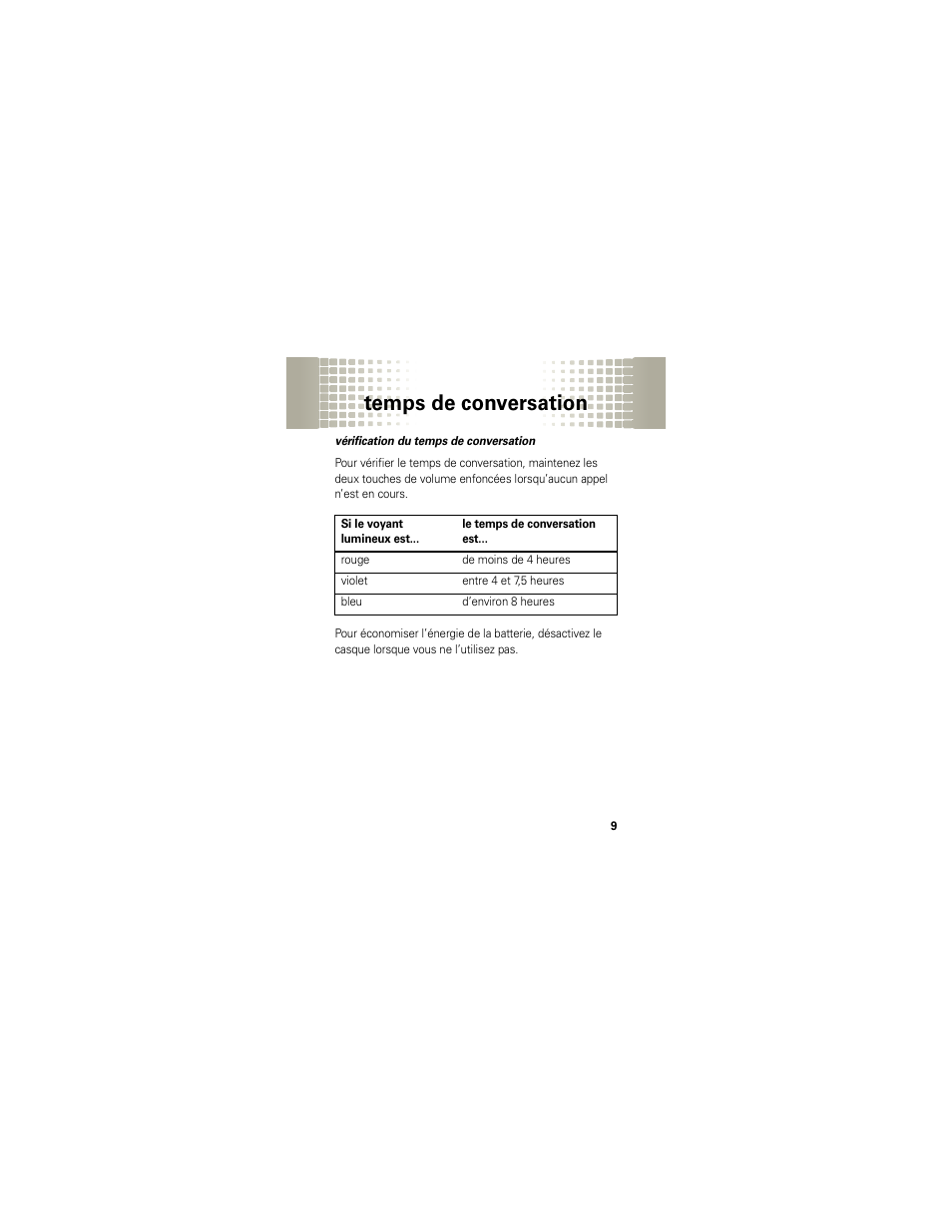 Temps de conversation | Motorola H720 User Manual | Page 73 / 100