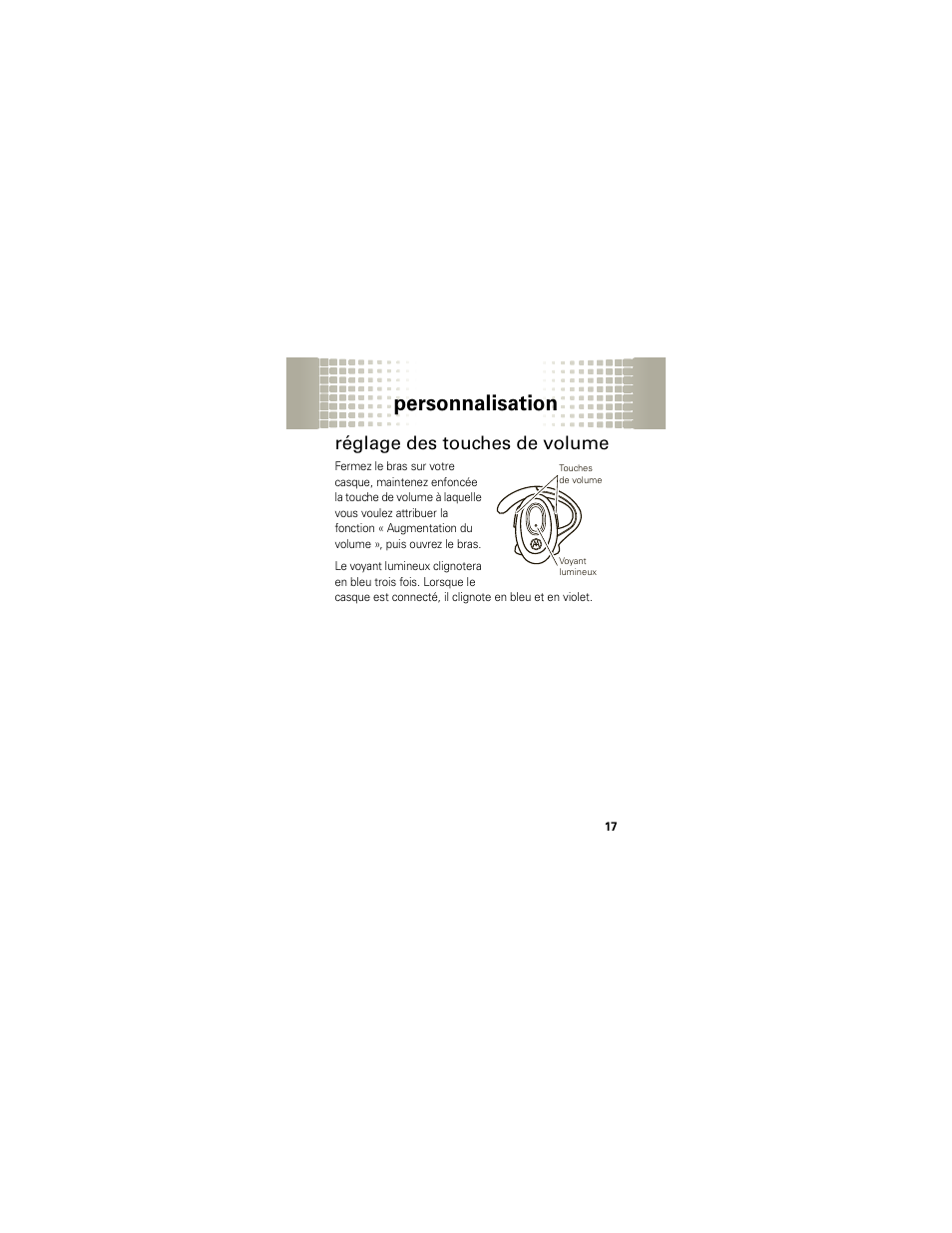 Réglage des touches de volume, Personnalisation | Motorola H720 User Manual | Page 81 / 100
