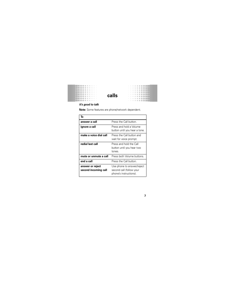 Calls | Motorola H720 User Manual | Page 9 / 100