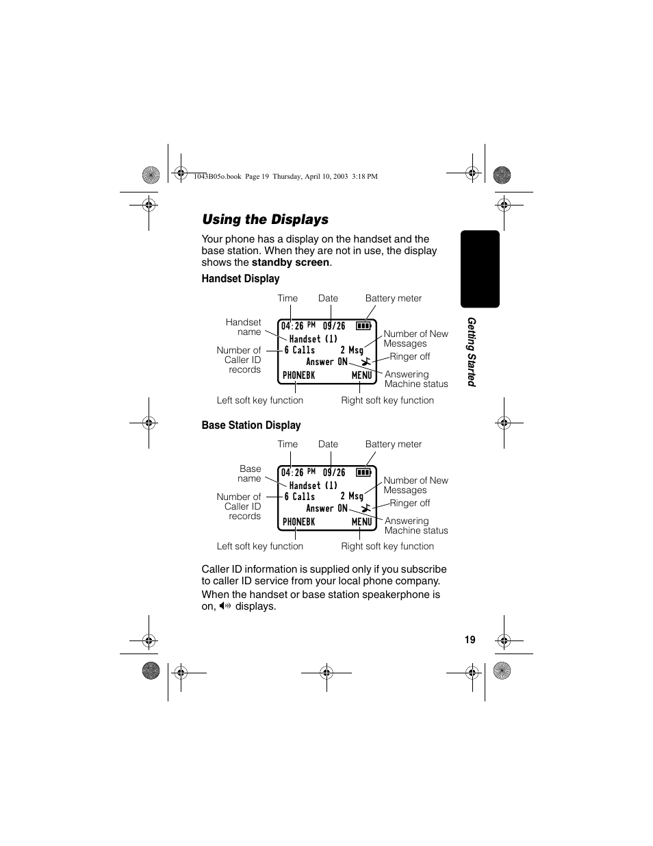Using the displays, Handset display, Base station display | Handset display base station display | Motorola MD480 User Manual | Page 21 / 64