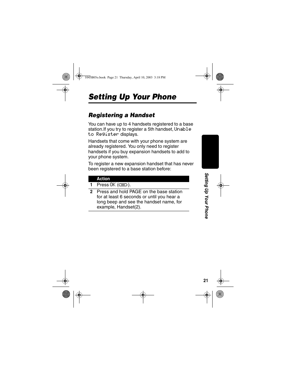 Setting up your phone, Registering a handset | Motorola MD480 User Manual | Page 23 / 64