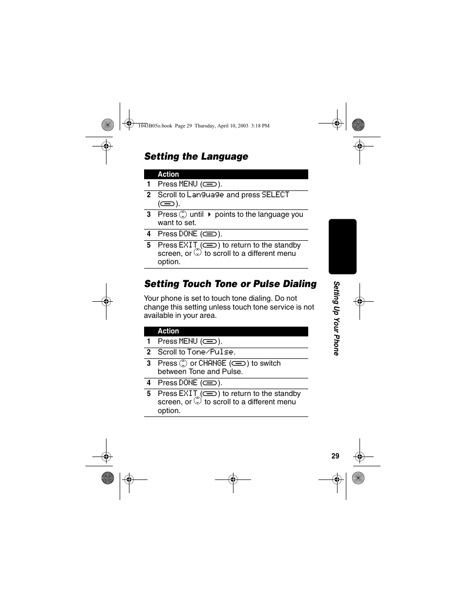 Setting the language, Setting touch tone or pulse dialing | Motorola MD480 User Manual | Page 31 / 64