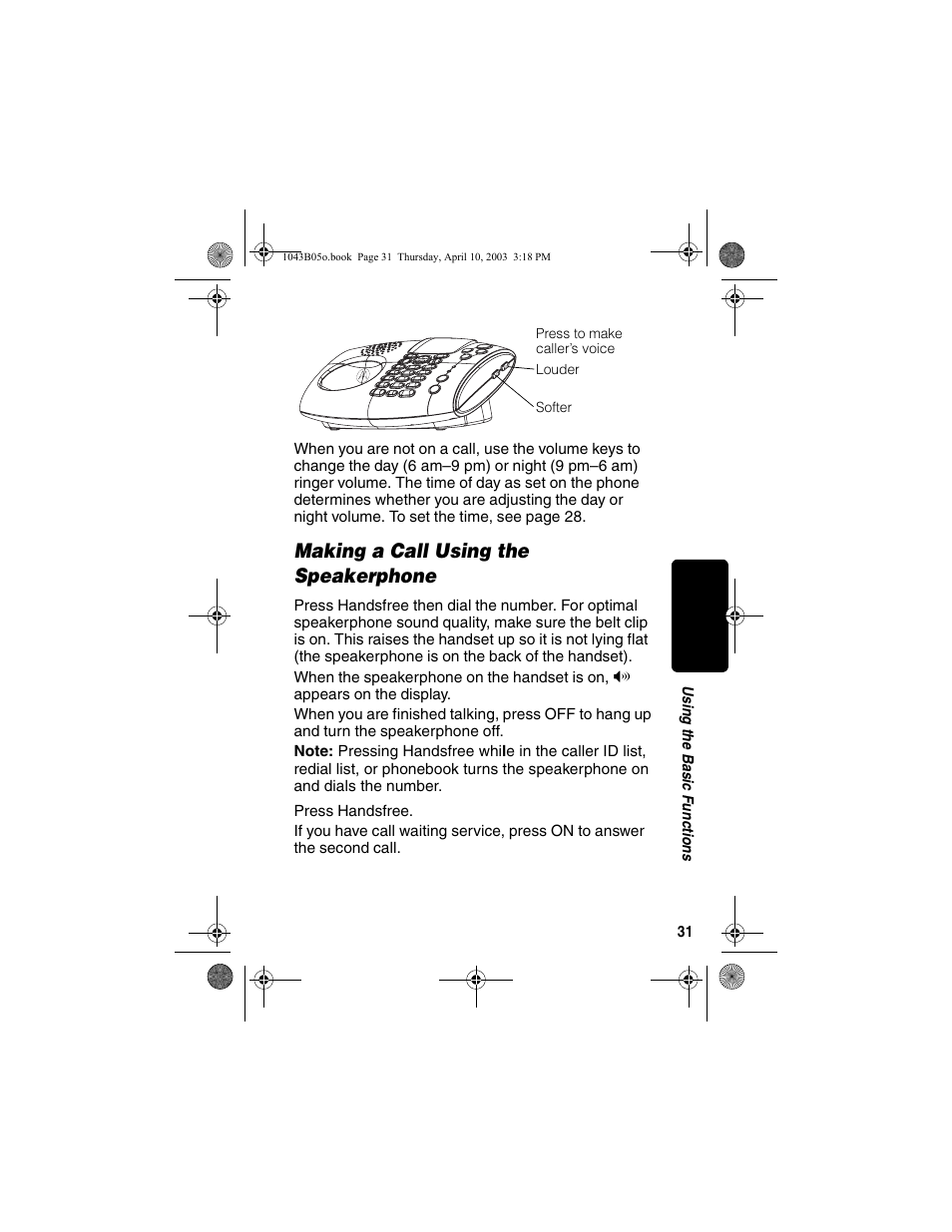 Making a call using the speakerphone | Motorola MD480 User Manual | Page 33 / 64