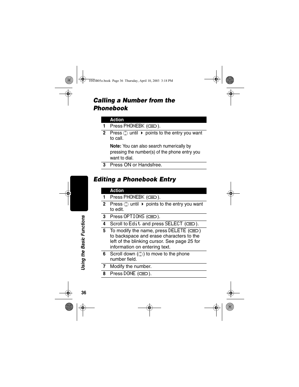 Calling a number from the phonebook, Editing a phonebook entry | Motorola MD480 User Manual | Page 38 / 64