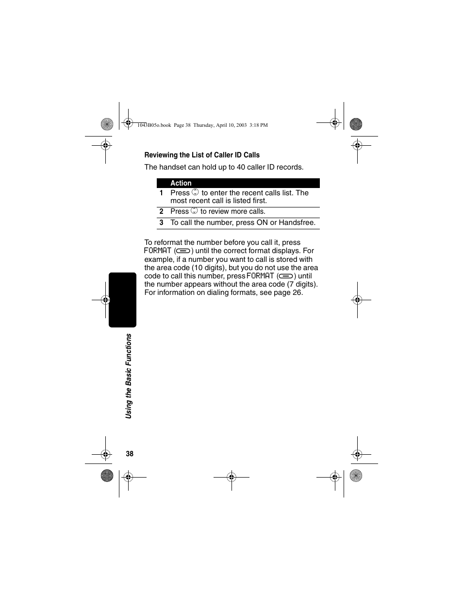 Reviewing the list of caller id calls | Motorola MD480 User Manual | Page 40 / 64