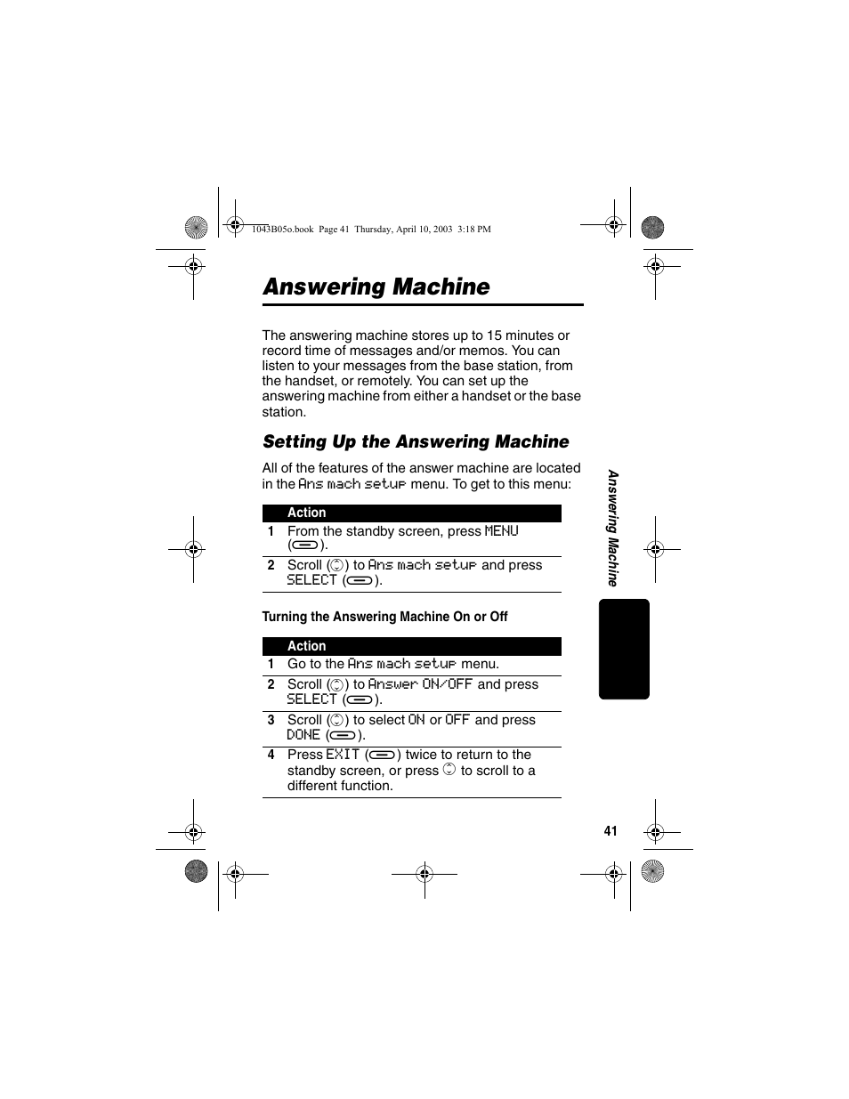 Answering machine, Setting up the answering machine, Turning the answering machine on or off | Motorola MD480 User Manual | Page 43 / 64