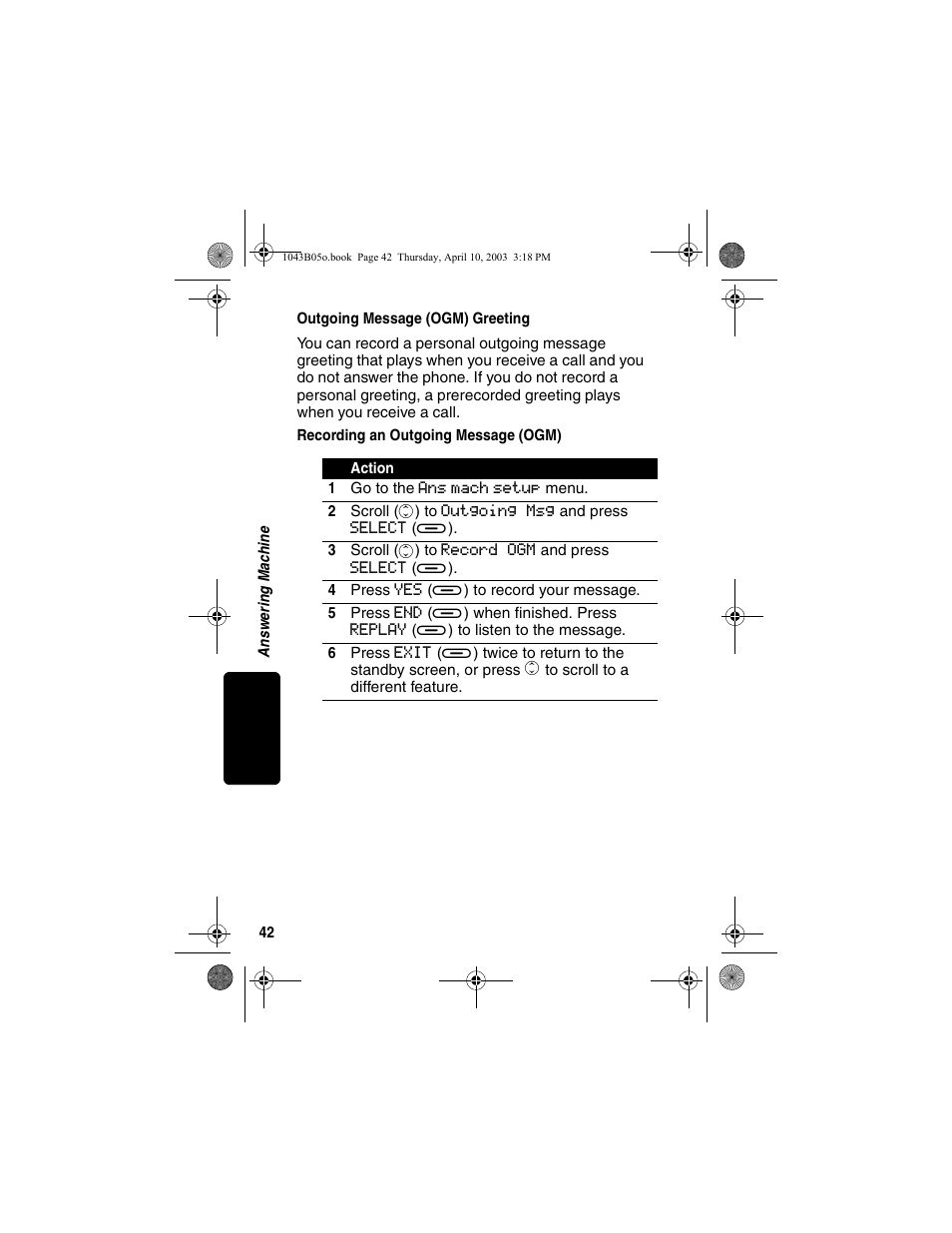 Outgoing message (ogm) greeting, Recording an outgoing message (ogm) | Motorola MD480 User Manual | Page 44 / 64