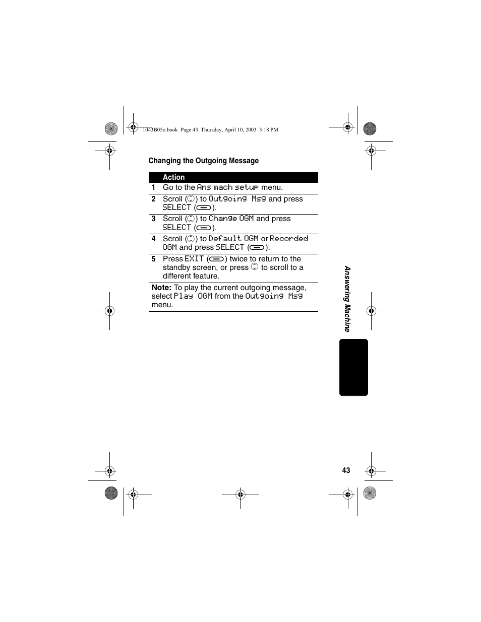 Changing the outgoing message | Motorola MD480 User Manual | Page 45 / 64