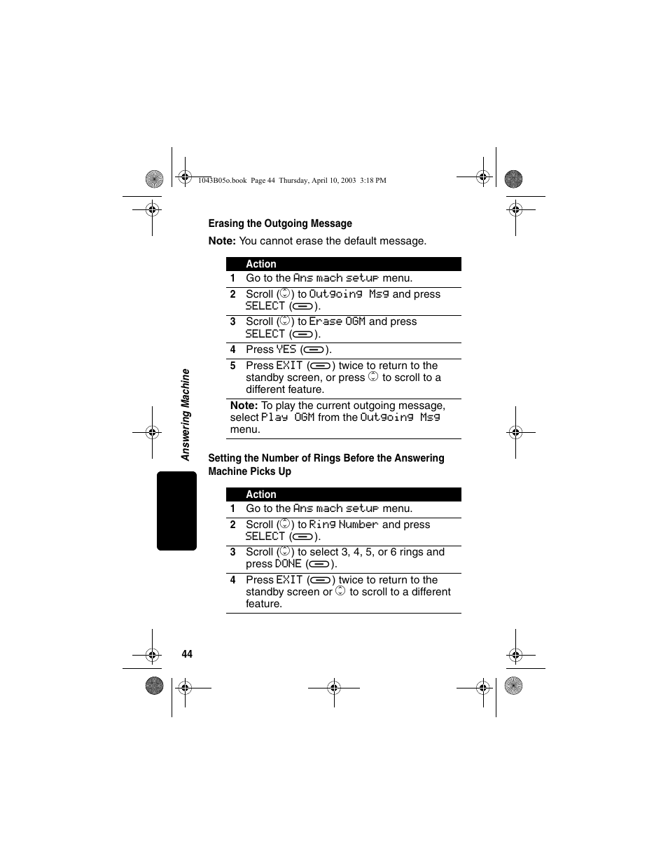 Erasing the outgoing message, Before the answering machine picks up | Motorola MD480 User Manual | Page 46 / 64