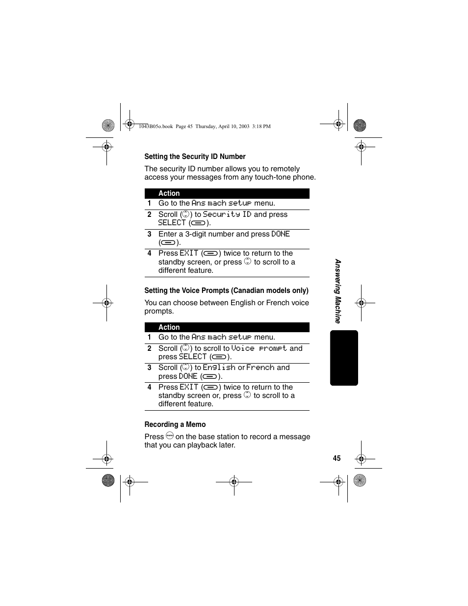 Setting the security id number, Setting the voice prompts (canadian models only), Recording a memo | Canadian models only) | Motorola MD480 User Manual | Page 47 / 64