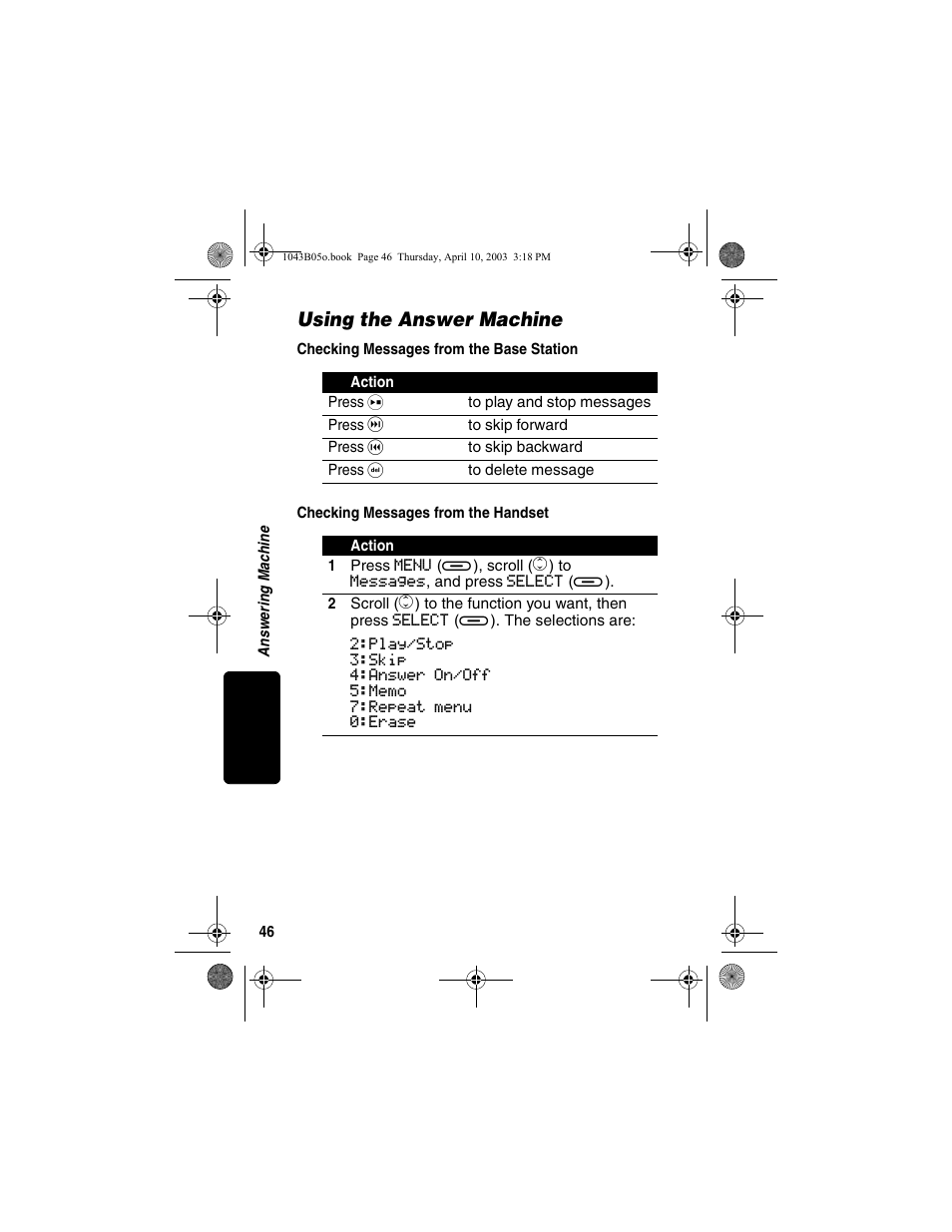 Using the answer machine, Checking messages from the base station, Checking messages from the handset | Motorola MD480 User Manual | Page 48 / 64