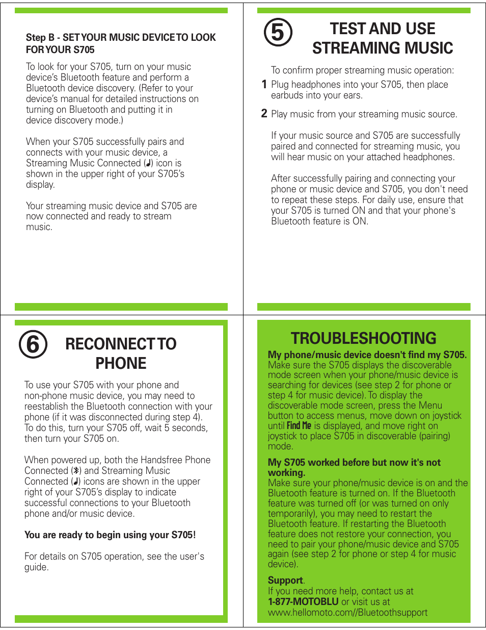 Test and use streaming music, Reconnect to phone troubleshooting | Motorola SoundPilot S705 User Manual | Page 3 / 6