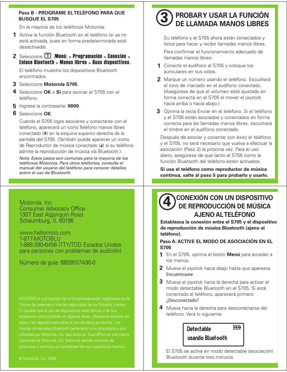 Probar y usar la función de llamada manos libres | Motorola SoundPilot S705 User Manual | Page 5 / 6