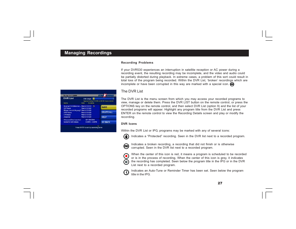 Managing recordings | Motorola DVR530 User Manual | Page 27 / 44