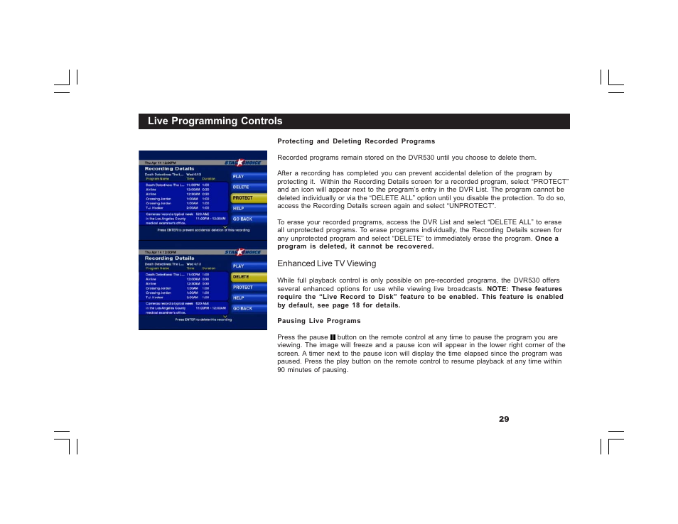 Live programming controls | Motorola DVR530 User Manual | Page 29 / 44