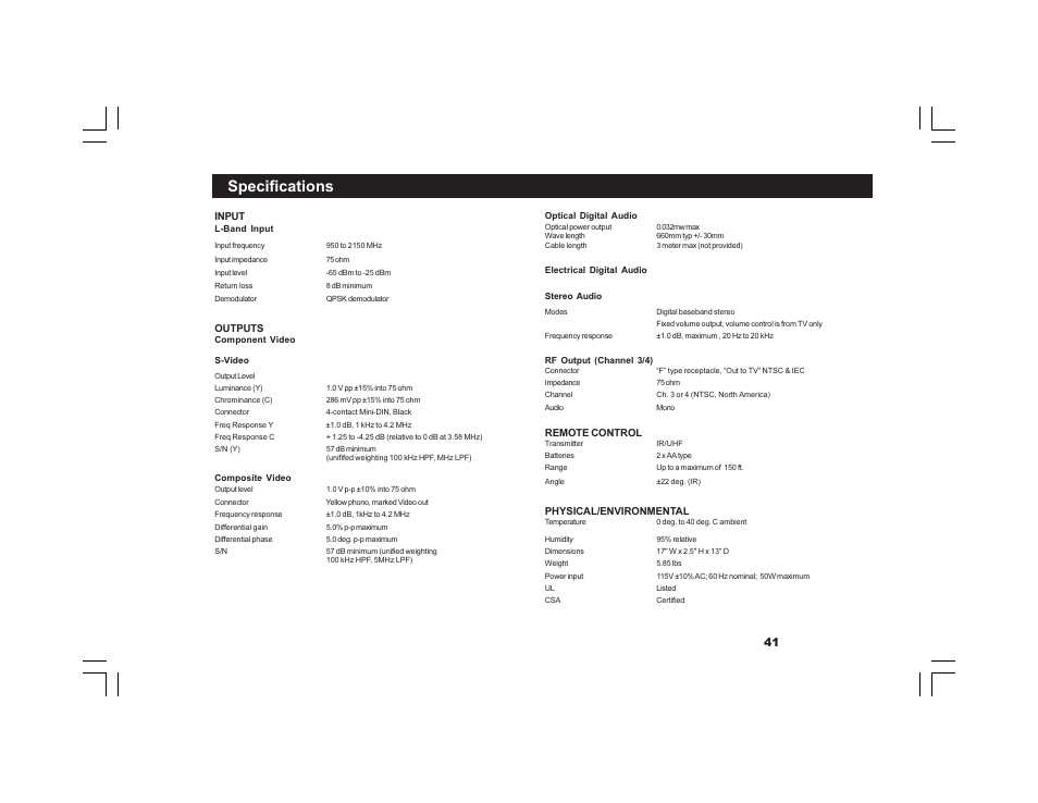 Specifications | Motorola DVR530 User Manual | Page 41 / 44