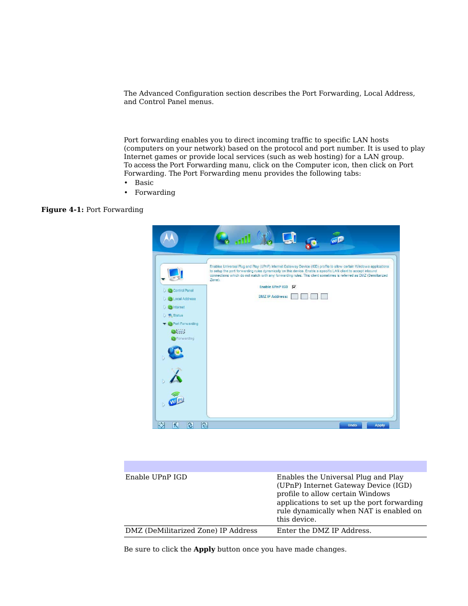Chapter 4: advanced configuration, Port forwarding menu | Motorola CPEI 890 User Manual | Page 32 / 55