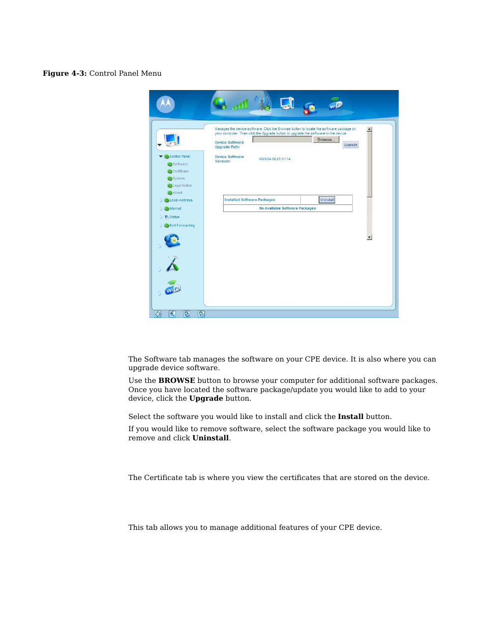 Software tab, Certificate tab, System tab | Motorola CPEI 890 User Manual | Page 37 / 55