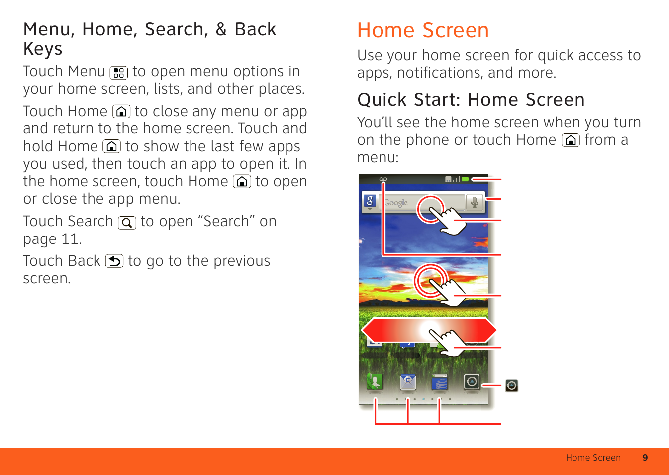 Menu, home, search, & back keys, Home screen, Quick start: home screen | Motorola ATRIX 4G User Manual | Page 11 / 88