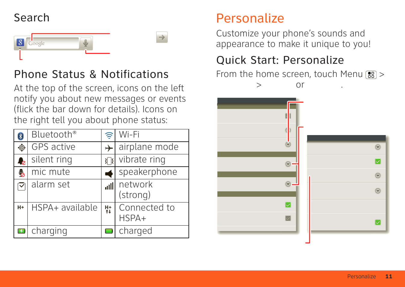 Search, Phone status & notifications, Personalize | Quick start: personalize, Search phone status & notifications | Motorola ATRIX 4G User Manual | Page 13 / 88