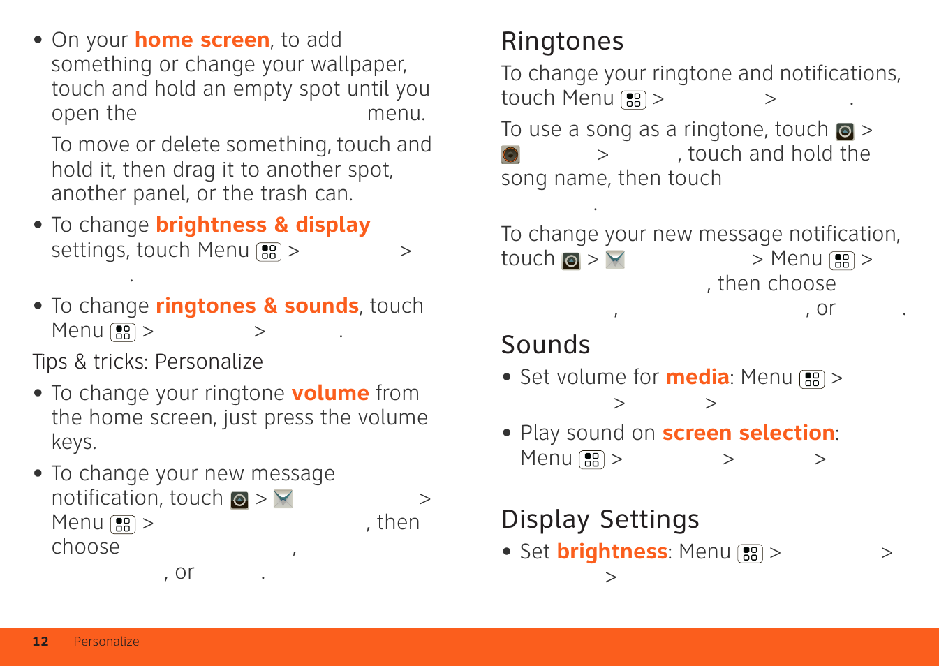 Ringtones, Sounds, Display settings | Motorola ATRIX 4G User Manual | Page 14 / 88