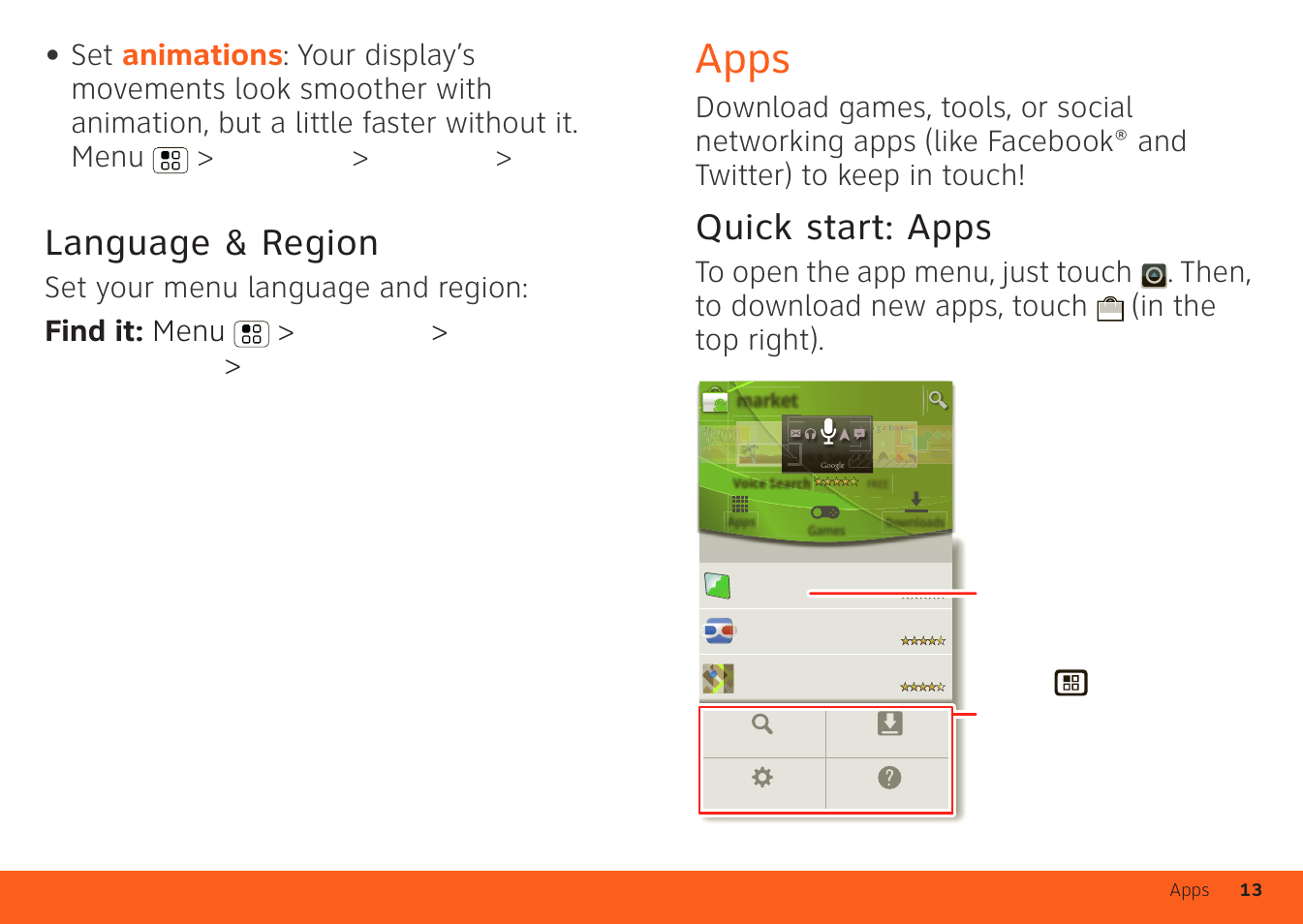 Language & region, Apps, Quick start: apps | Apps 13, Market | Motorola ATRIX 4G User Manual | Page 15 / 88