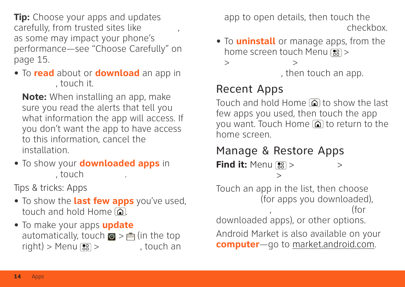 Recent apps, Manage & restore apps | Motorola ATRIX 4G User Manual | Page 16 / 88