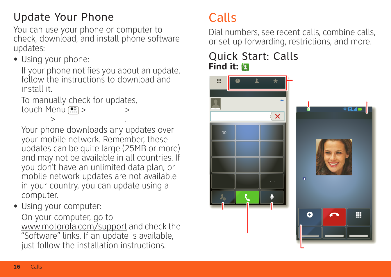 Update your phone, Calls, Quick start: calls | Find it: dialer | Motorola ATRIX 4G User Manual | Page 18 / 88