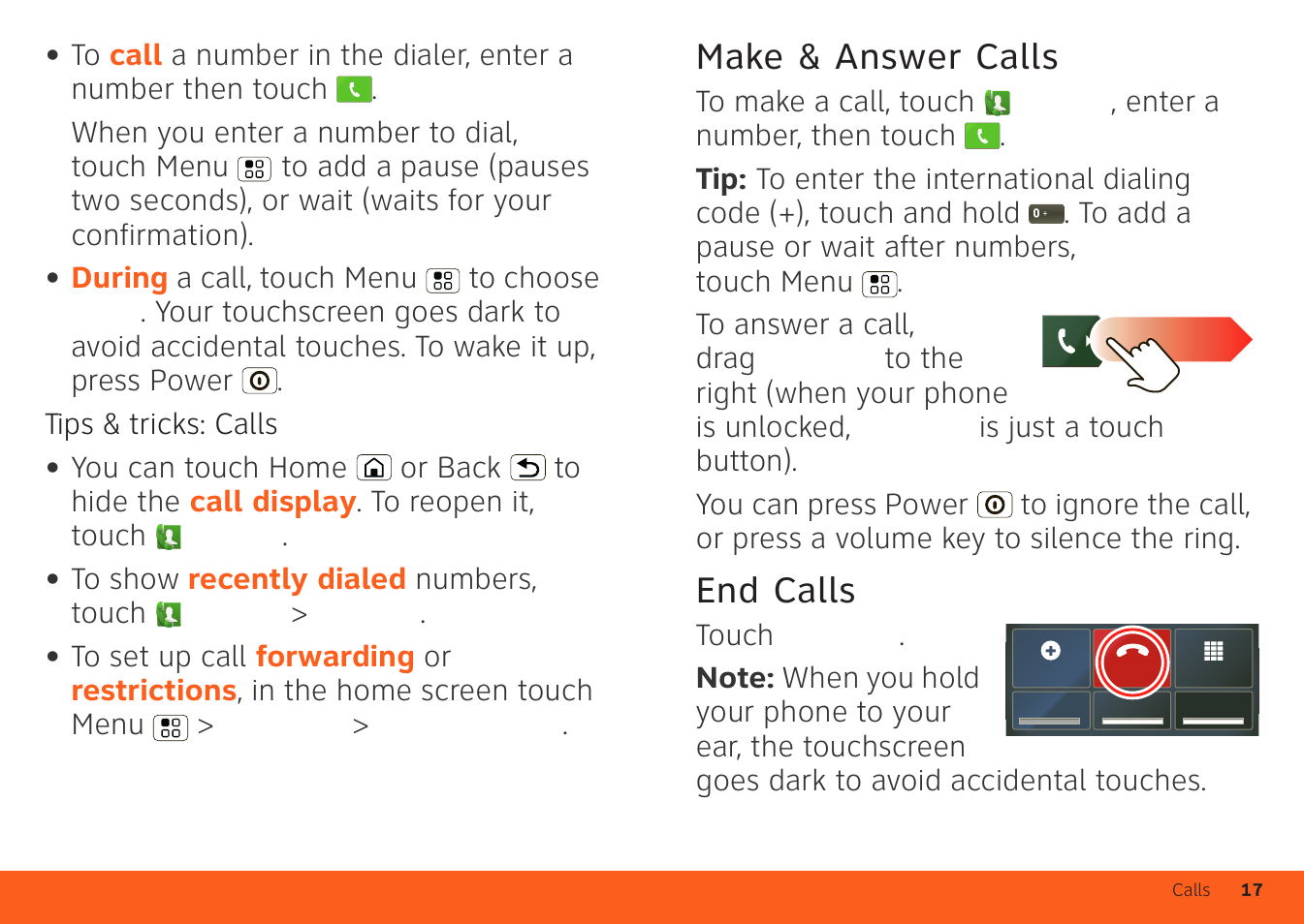 Make & answer calls, End calls | Motorola ATRIX 4G User Manual | Page 19 / 88