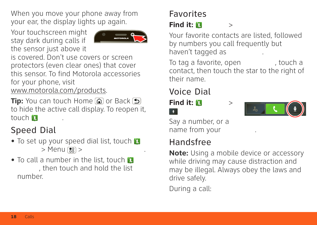 Speed dial, Favorites, Voice dial | Handsfree | Motorola ATRIX 4G User Manual | Page 20 / 88
