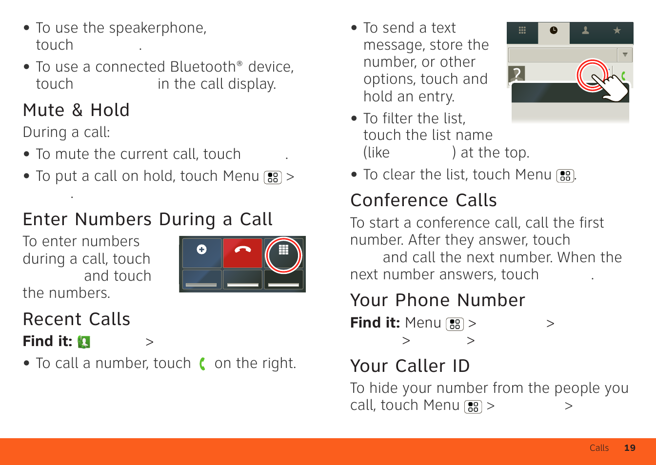 Mute & hold, Enter numbers during a call, Recent calls | Conference calls, Your phone number, Your caller id | Motorola ATRIX 4G User Manual | Page 21 / 88