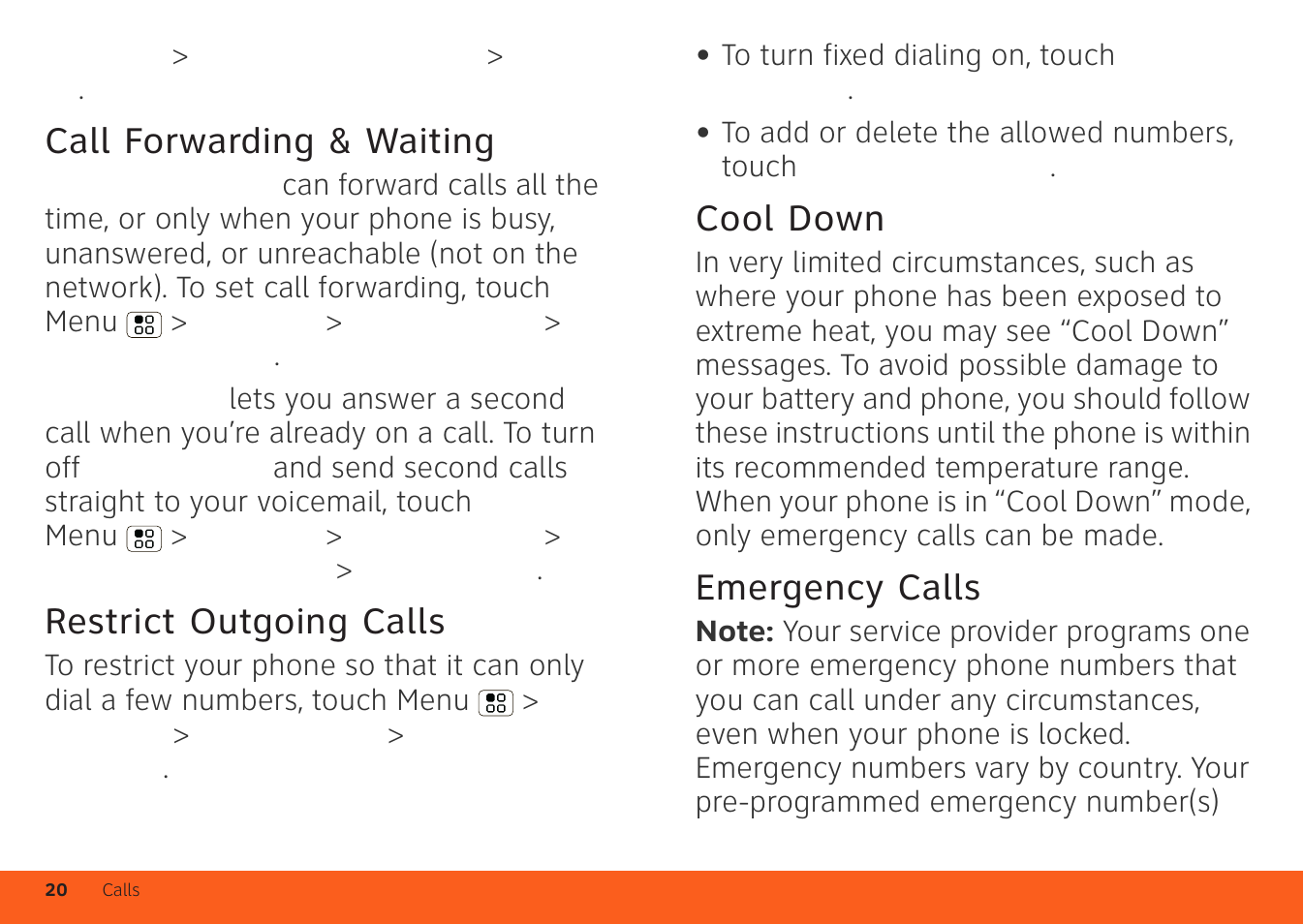 Call forwarding & waiting, Restrict outgoing calls, Cool down | Emergency calls | Motorola ATRIX 4G User Manual | Page 22 / 88