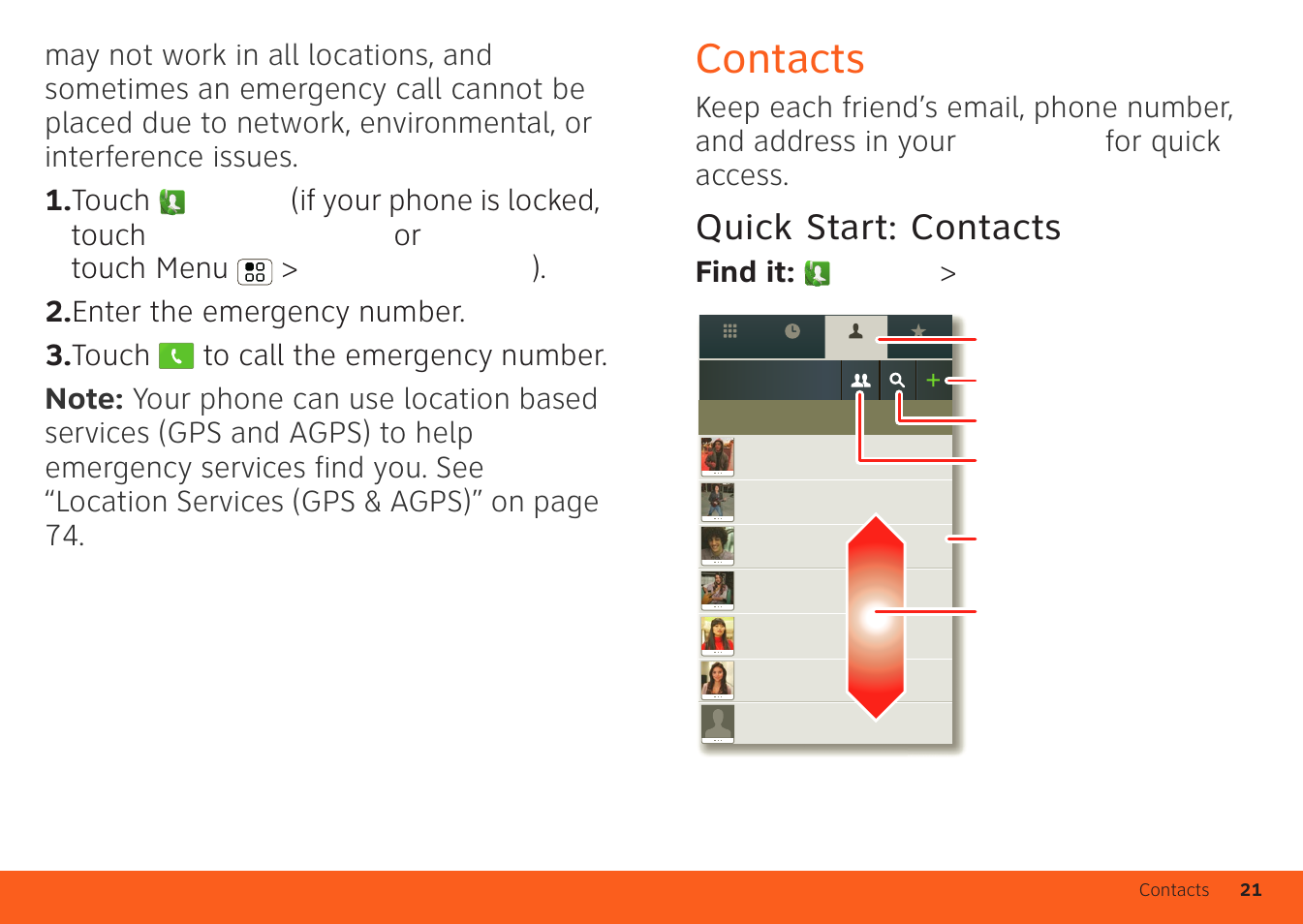 Contacts, Quick start: contacts, Find it: dialer > contacts | Motorola ATRIX 4G User Manual | Page 23 / 88
