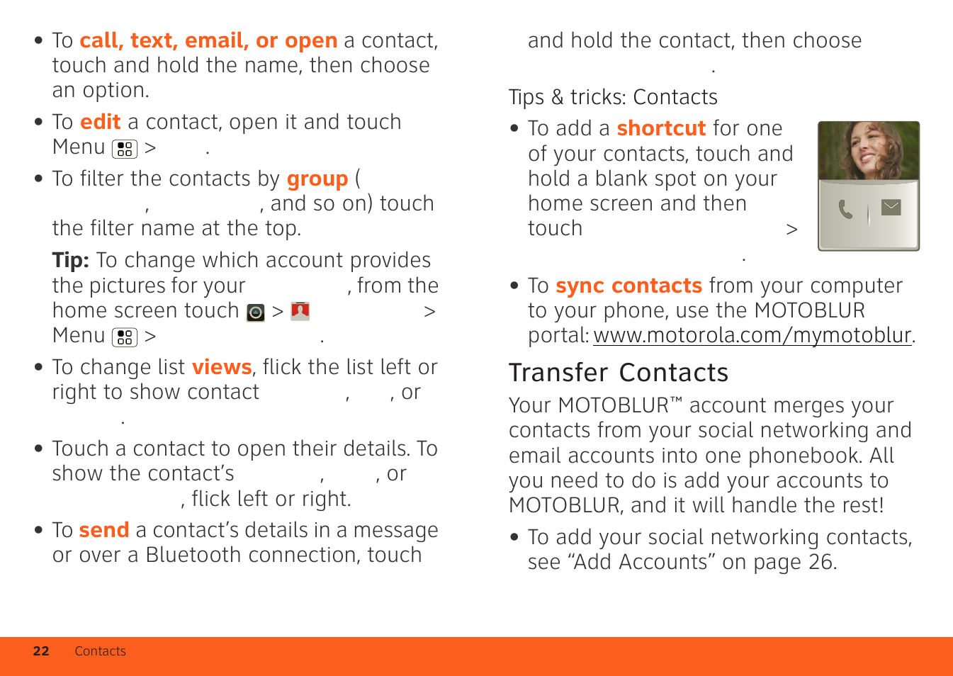 Transfer contacts | Motorola ATRIX 4G User Manual | Page 24 / 88