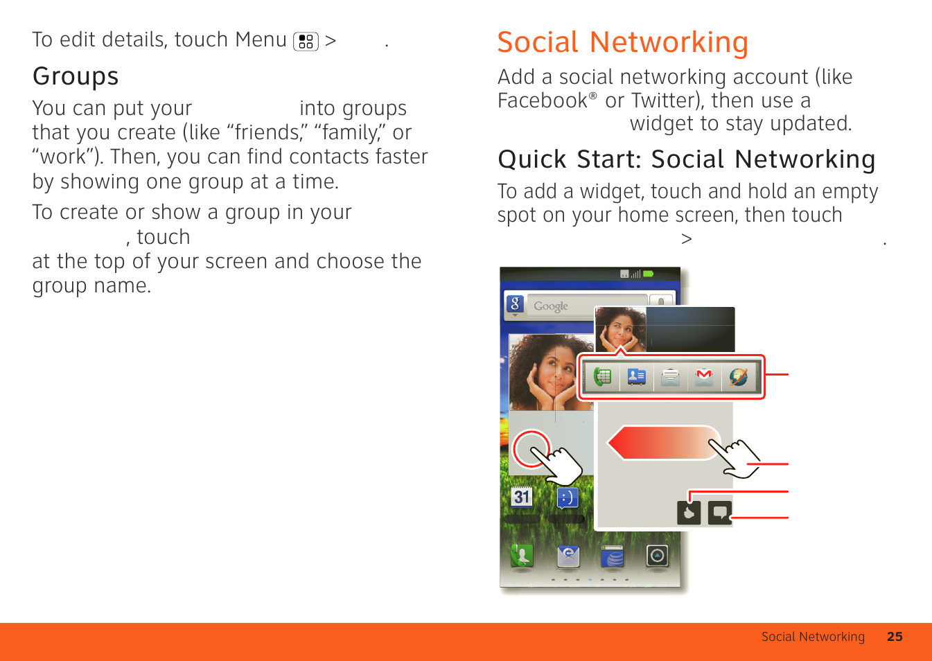 Groups, Social networking, Quick start: social networking | Motorola ATRIX 4G User Manual | Page 27 / 88