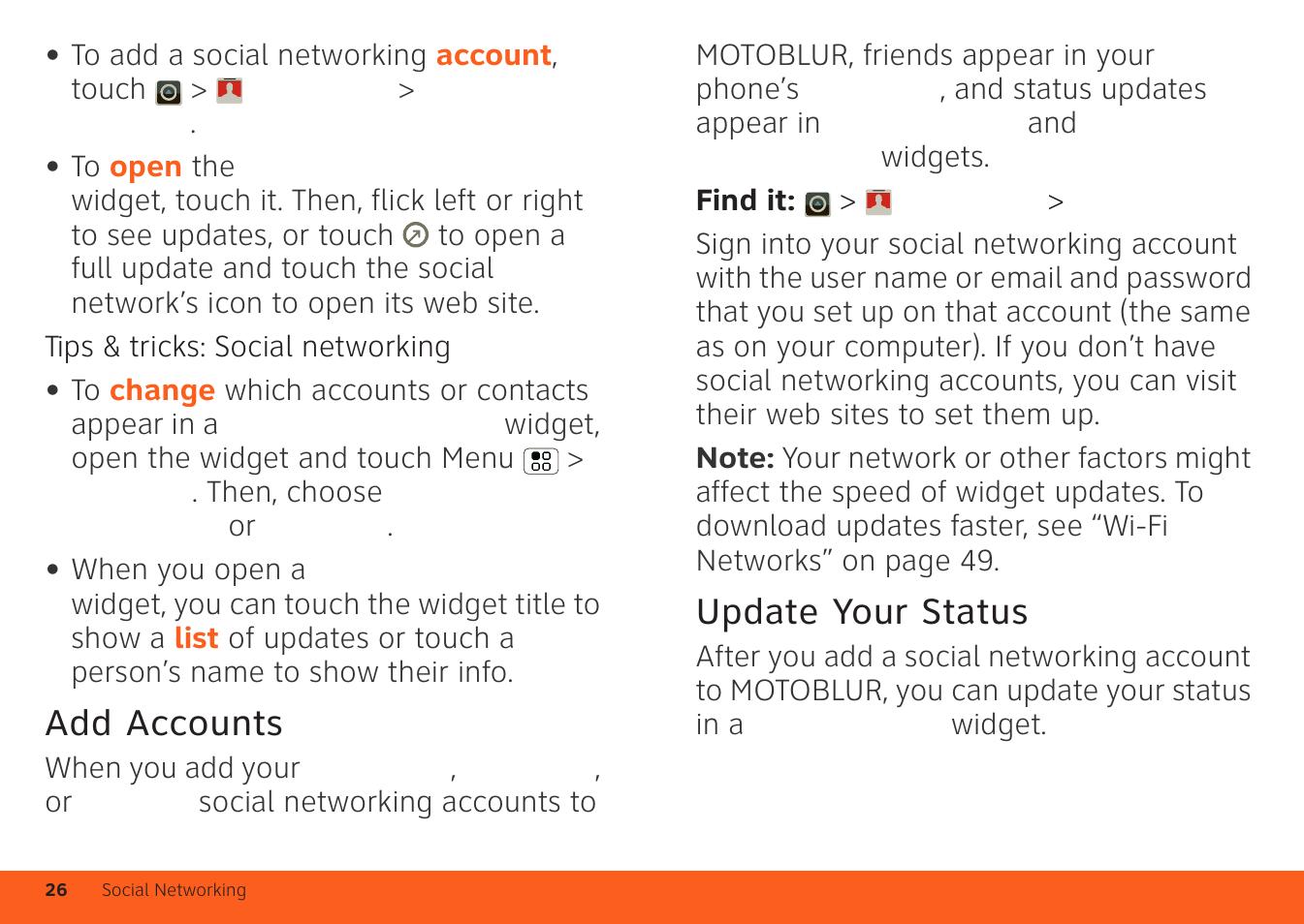 Add accounts, Update your status | Motorola ATRIX 4G User Manual | Page 28 / 88